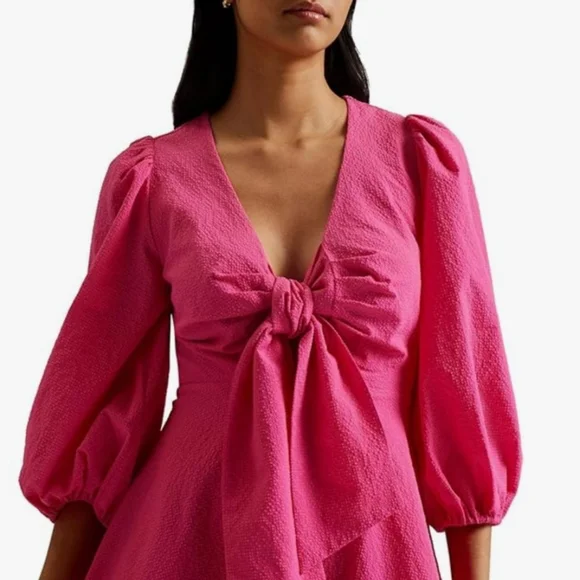 Ted Baker mini dress 6 hot pink Jozelyn V-neck babydoll puff sleeve new $285
